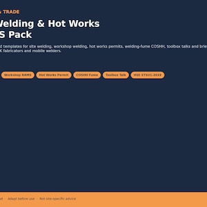 Op de afbeelding: Een digitaal documentsjabloonpakket getiteld LEDGER & TRADE UK Welding & Hot Works RAMS Pack. Het bevat bewerkbare Word-sjablonen voor lassen op locatie, werkplaatslassen, vergunningen voor heet werk, COSHH en toolbox-besprekingen.