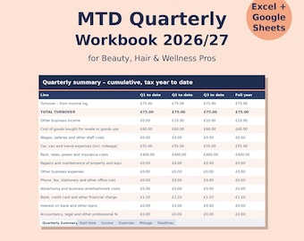 Pode incluir: Um livro de trabalho trimestral MTD 2026/27 digital para profissionais de beleza, cabelo e bem-estar da LedgerTradeUK. O documento apresenta uma tabela de resumo trimestral com colunas para Q1, Q2, Q3 e o ano completo.