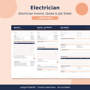 May include: A three-page electrician document set featuring an invoice, quote, and job sheet. The forms are printed on white paper with dark blue headers and peach-coloured accents, including fields for business details, job descriptions, and checklists.