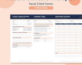 Pode incluir: Um pacote de quatro páginas de formulários para terapeutas faciais e de cuidados com a pele, incluindo consulta ao cliente, formulário de consentimento e registro de tratamento. O documento utiliza tons de azul escuro e pêssego.