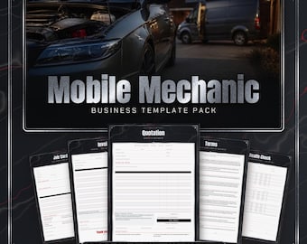Pode incluir: Um pacote de modelos de negócios Mobile Mechanic com fundo escuro, um motor de carro e uma van. O conjunto inclui 17 documentos editáveis em formatos Word, PDF e Canva, como cartões de trabalho, faturas e orçamentos para oficinas.