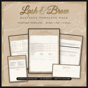 May include: A Lash & Brow business template pack featuring 9 editable documents in Word, PDF, and Canva formats. The set includes consultation forms, price lists, and gift vouchers with a beige marble background and gold text accents.