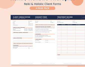 Pode incluir: Um pacote de 4 páginas de formulários para terapeutas de Reiki e holísticos, incluindo consulta ao cliente, formulário de consentimento e registro de tratamento. O documento contém seções de saúde, estilo de vida e objetivos.