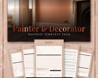 Pode incluir: Um pacote de modelos comerciais para pintor e decorador com 17 documentos editáveis nos formatos Word, PDF e Canva. O conjunto inclui orçamento, fatura, folha de trabalho, termos e cronograma, em tons de ouro rosa e branco.