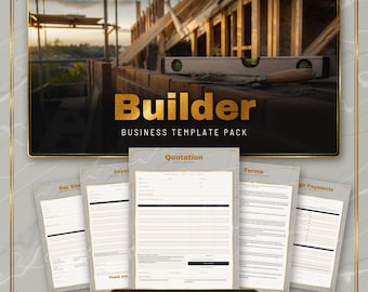 Pode incluir: Um pacote de modelos de negócios Builder com uma exibição digital de documentos de construção, incluindo orçamento, fatura e folha diária. O texto diz Builder Business Template Pack, com 17 modelos editáveis em Word e PDF.