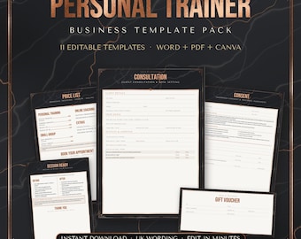 Pode incluir: Um pacote de modelos de negócios para personal trainer com 11 documentos editáveis nos formatos Word, PDF e Canva. O conjunto inclui formulário de consulta, lista de preços, consentimento, guia de sessão e um vale-presente com texto em ouro rosa.