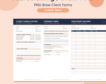 Pode incluir: Um pacote de 4 páginas de formulários para clientes de Microblading e Brow PMU, incluindo consulta, termo de consentimento e registro de tratamento. O documento tem um cabeçalho azul escuro e detalhes em pêssego com campos de dados.