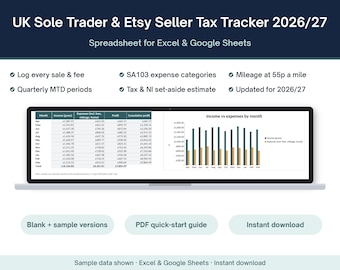 Pode incluir: Uma planilha digital UK Sole Trader & Etsy Seller Tax Tracker 2026/27 para Excel e Google Sheets. A interface exibe receitas mensais, despesas, lucros, lucros acumulados e um gráfico de barras comparando receitas versus despesas.