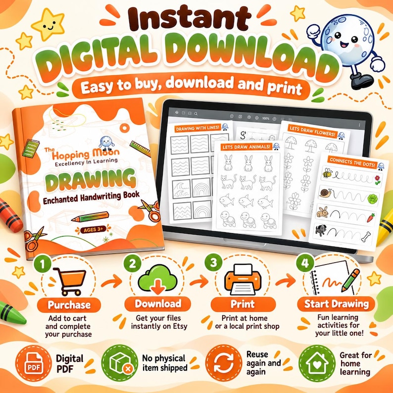 Drawing Workbook for Kids, Printable Tracing Worksheets, Preschool Art