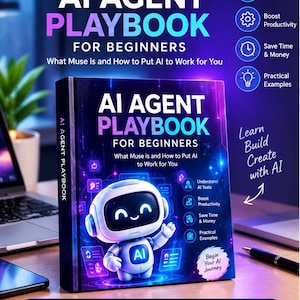 以下が含まれることがあります： 紫と青のデジタル背景を持つ「AI Agent Playbook for Beginners」というタイトルの本。表紙には胸に青いAIのエンブレムが付いた白いロボットが描かれています。テキストには「Understand AI Tools」「Boost Productivity」「Save Time & Money」「Practical Examples」が含まれています。下部には「PDF Download」「Instant Access」「Lifetime Use」「Beginner Friendly」と記載されています。