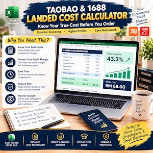 May include: A digital Excel template for a Taobao and 1688 landed cost calculator displayed on a laptop screen. The interface shows a landed cost breakdown table, profit margin percentage, and total cost. A notebook, pen, and smartphone are nearby.