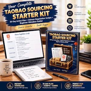 Może przedstawiać: Zestaw startowy Taobao Sourcing zawierający 30-dniowy plan działania, chińskie skrypty negocjacyjne i przewodnik po błędach początkujących. Zestaw zawiera laptopa ze skryptami, notatnik, kubek oraz książkę.