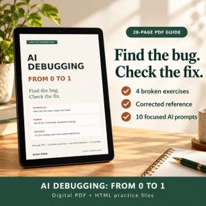PDF de depuración de IA para principiantes, guía de codificación de cero a uno, archivos de práctica de JavaScript, ejercicios de corrección de errores, clave de respuestas y 10 sugerencias de código de IA.