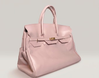 Bolso rosa con asa superior, bolso de mano de piel suave para mujer, bolso artesanal único.