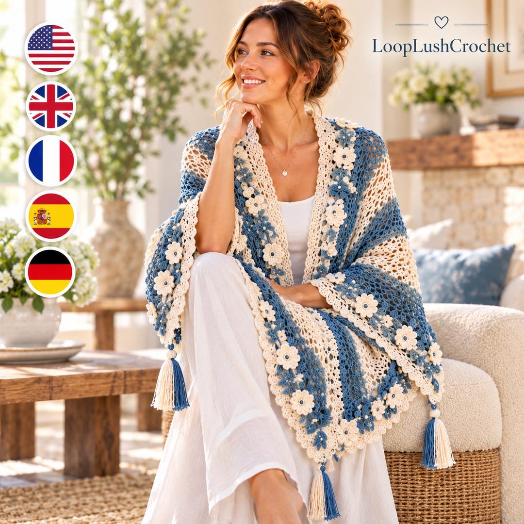 Blue and Cream Crochet Ruana Shawl Pattern PDF With Tassels - Etsy