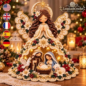 May include: A crochet nativity scene featuring a large angel with brown hair and wings standing over a central arch. Inside the arch, a crochet Joseph, Mary, and baby Jesus in a manger are surrounded by a white dove, a lamb, and poinsettia flowers.