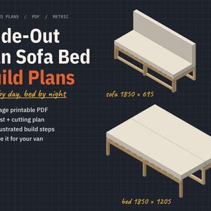 May include: Digital build plans for a slide-out van sofa bed. The text reads: DIY BUILD PLANS / PDF / METRIC, Slide-Out Van Sofa Bed Build Plans, sofa by day, bed by night, 21-page printable PDF, Cut list + cutting plan, 12 illustrated build steps, Resize it for your van. Includes isometric diagrams showing the sofa at 1850 x 695 and the bed at 1850 x 1205.