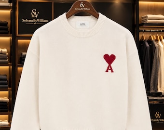 AMI Paris Heart Logo Sweater, Crewneck Knit Pullover, Unisex Casual Jumper, Multiple Color Options