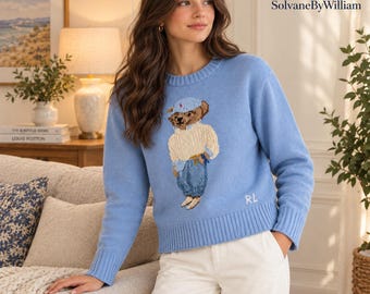 Vintage Ralph Lauren Polo Bear Sweater,Knit Cardigan | Sky Blue Crewneck Knit Jumper | Unisex