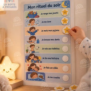 May include: A rectangular bedtime routine chart titled Mon rituel du soir featuring illustrations of daily tasks like cleaning toys, bathing, and reading. It includes circular slots for yellow star tokens.