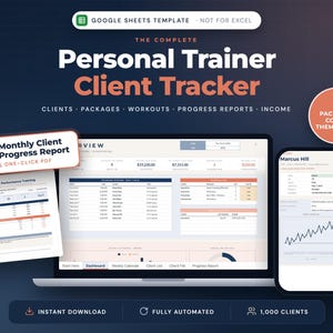 Personal Trainer Client Tracker | Fitness Coach Spreadsheet, Session Package and Progress Report (Google Sheets)