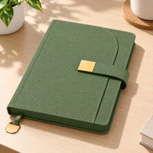 May include: A sage green notebook with a textured cover, featuring a rectangular gold-toned metal clasp closure and a matching gold-toned metal charm attached to the spine by a small green tab. The notebook has visible stitching along the edges.