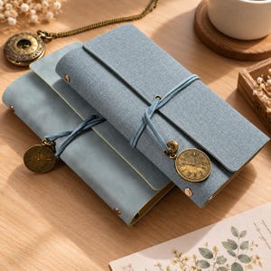 May include: Two light blue fabric-covered journals with wrap-around closures. Each journal features a bronze-toned metal charm shaped like a clock face attached to the cord. The covers have a textured finish and are secured with small metal rivets.