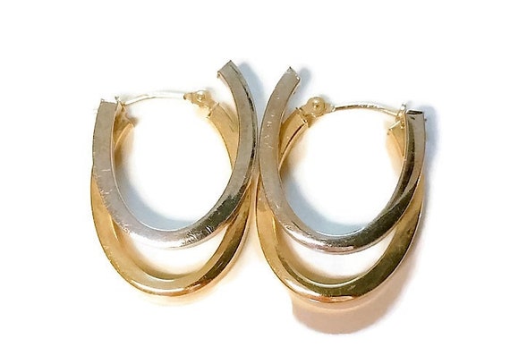 14K White and Yellow Gold Two Toned Hoop Earrings - image 1