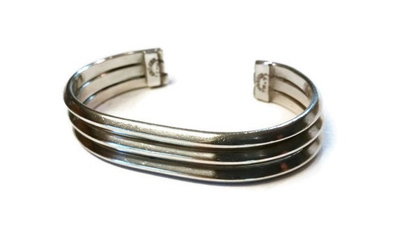 Vintage Modern Sterling Silver Three Band Cuff Br… - image 4