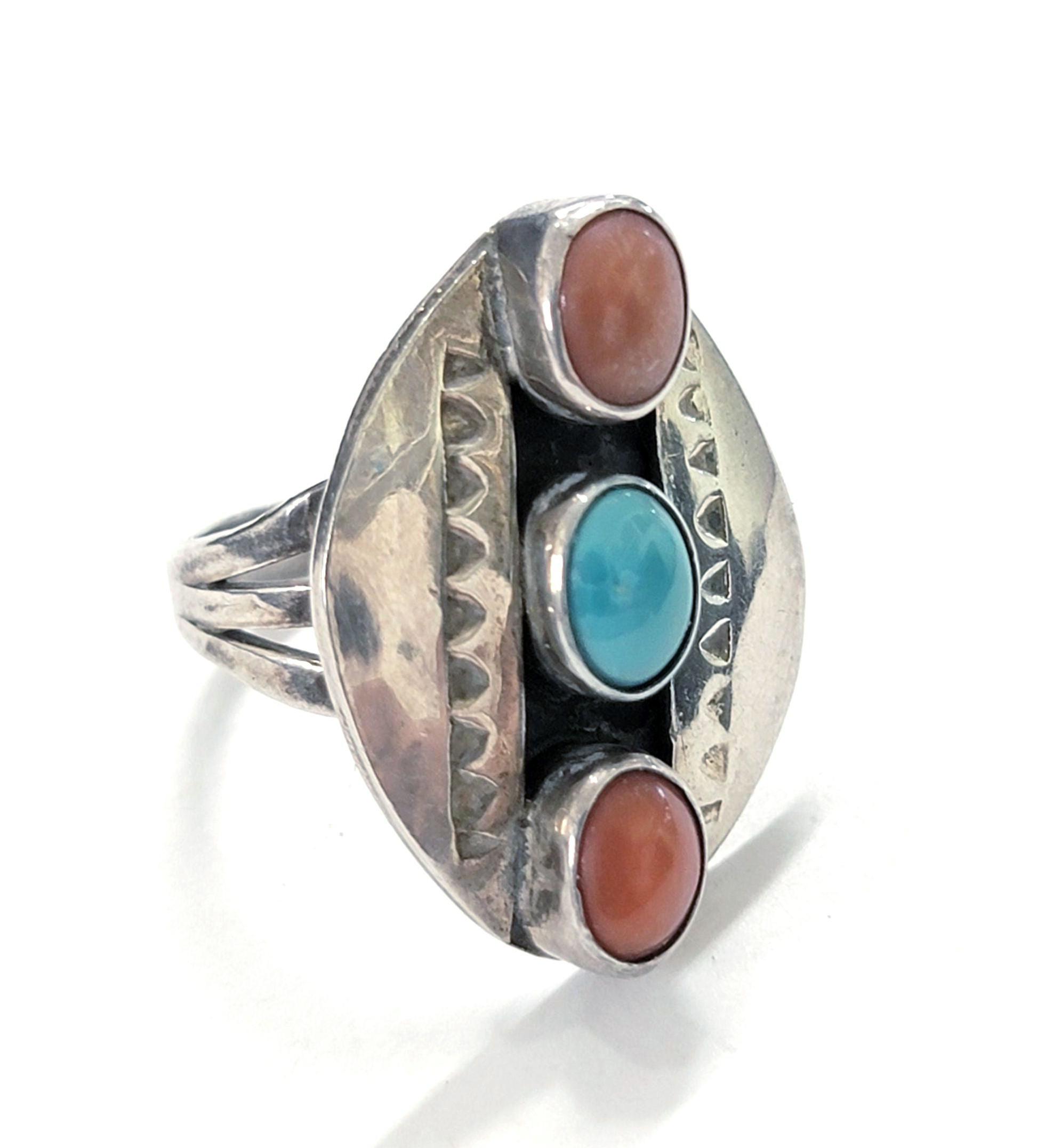 Navajo Sterling Silver Turquoise Coral Ring Size 6 - Etsy