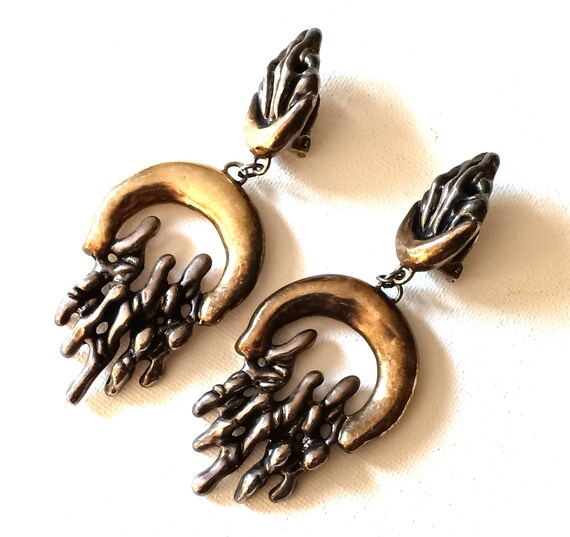 Huge Brutalist Two Tone Dangle Clip on Earrings Signed Etsy