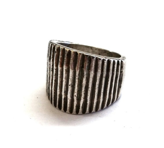 Modern Mexican Sterling Silver Ribbed Ring Wide Ba