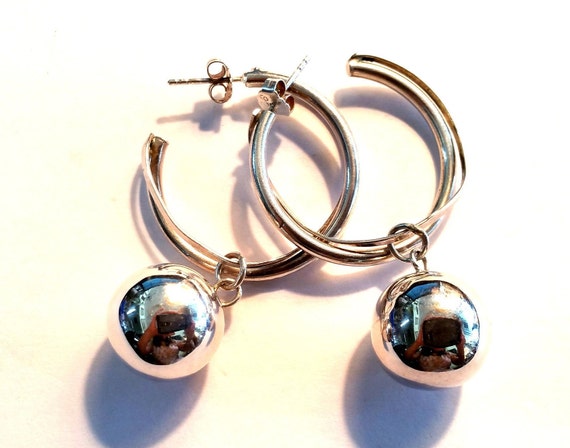 Sterling Silver Hoops with Dangling Balls - image 1