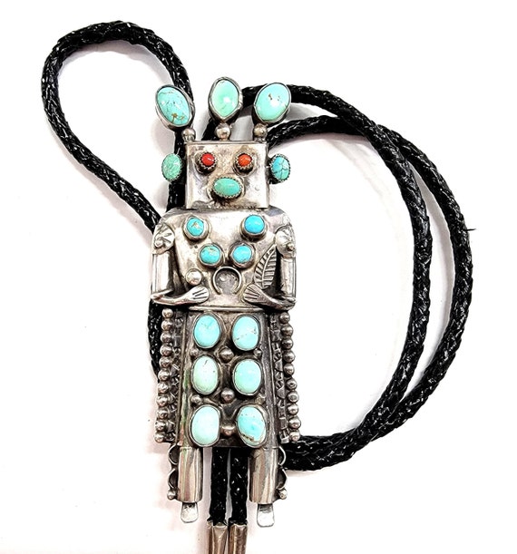 Extraordinary Vintage Native American Navajo Jet Turquoise Sterling Silver Kachina Bolo Extraordinary Vintage Native American Navajo Jet Turquoise Sterling Silver Kachina Bolo