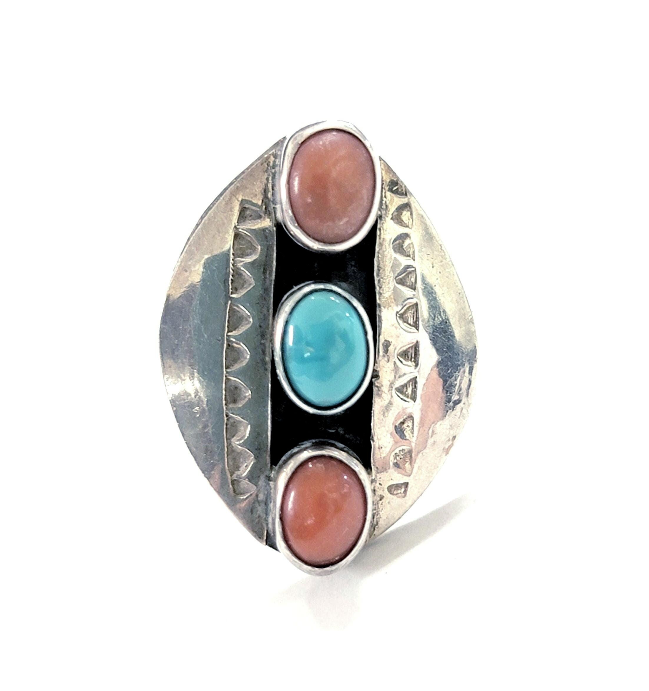 Navajo Sterling Silver Turquoise Coral Ring Size 6 - Etsy