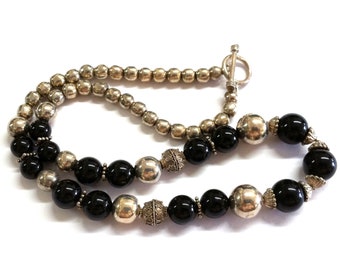 Modernist Sterling Silver Balls and Black Round Beaded Necklace