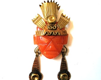 Laton Aztec Warrior Mask Two Tone Mixed Metal Pendant/ Pin / Brooch