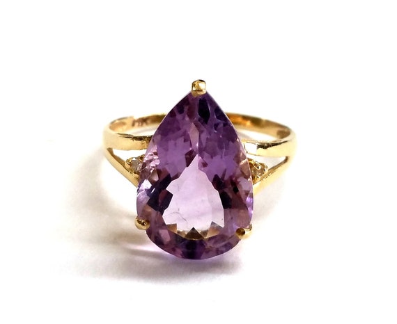 14k Amethyst Pear Cut Diamond Ring Size 6.5 - image 2