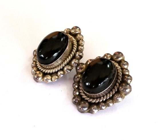 Sterling Silver Black Onyx Mexican Clip Earrings - image 3