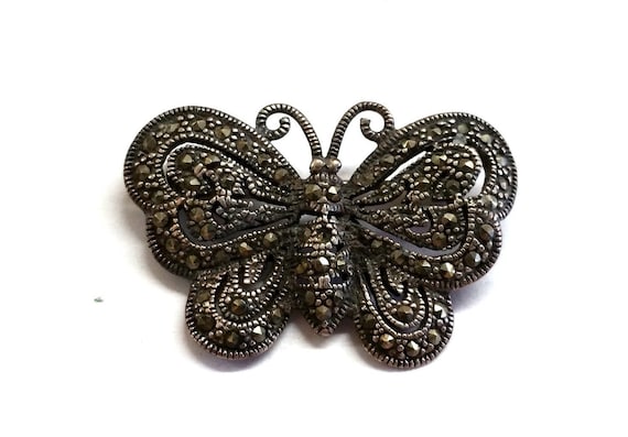 Vintage Marcasite Blue Agate Butterfly Brooch 80s Silver Pin Women's Gift Butterfly Lover