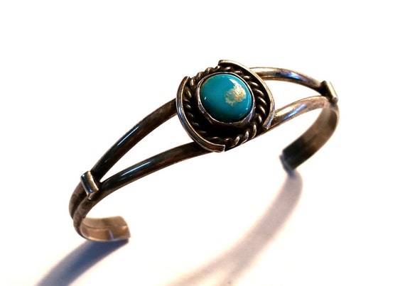 Old Pawn Navajo Sterling Silver Turquoise Small Cuff Stacking Bracelet