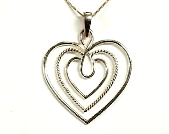 Vintage Sterling Silver Open Heart Pendant / Necklace 18"