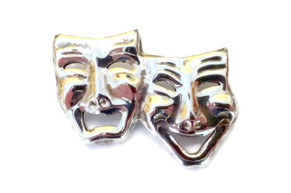 Vintage Comedy and Tragedy Sterling Silver Brooch… - image 1