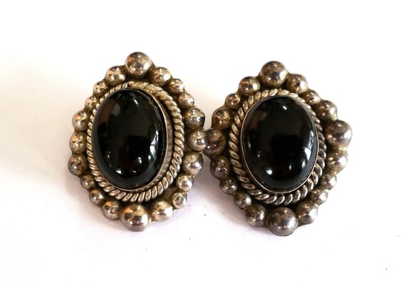 Sterling Silver Black Onyx Mexican Clip Earrings - image 1