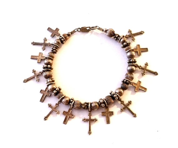 Cross Beaded Charm Bracelet, Silver