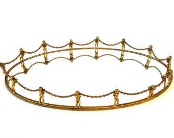 Large Oval Ormolu Cherub Mirrored Vanity Tray