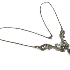 Art Deco Silver Marcasite Blue Glass Necklace