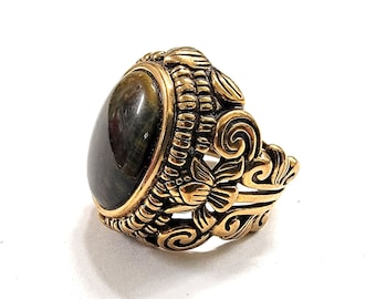 Large Barse Bronze Ornate Oval Aventurine Ring Size 7