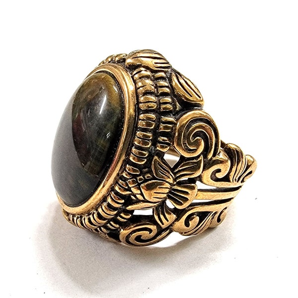 Large Barse Bronze Ornate Oval Aventurine Ring Size 7