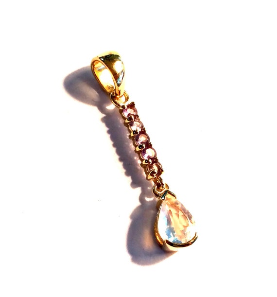 14K Yellow Gold Moonstone Aquamarine Drop Bar Pend